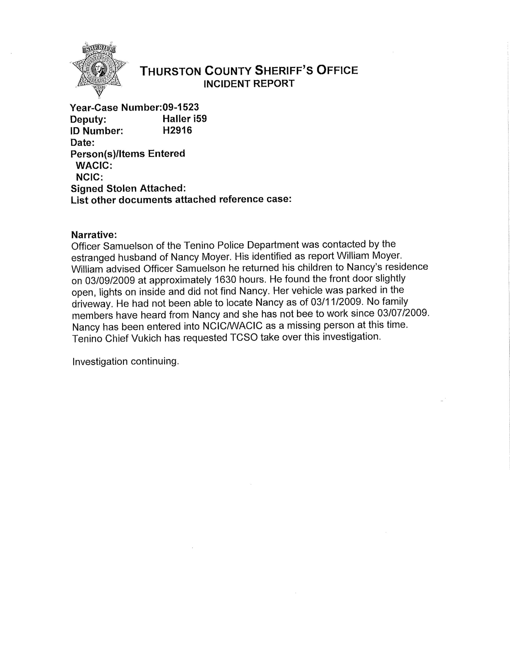 H&S Season 1 Nancy Moyer Missing Person Report