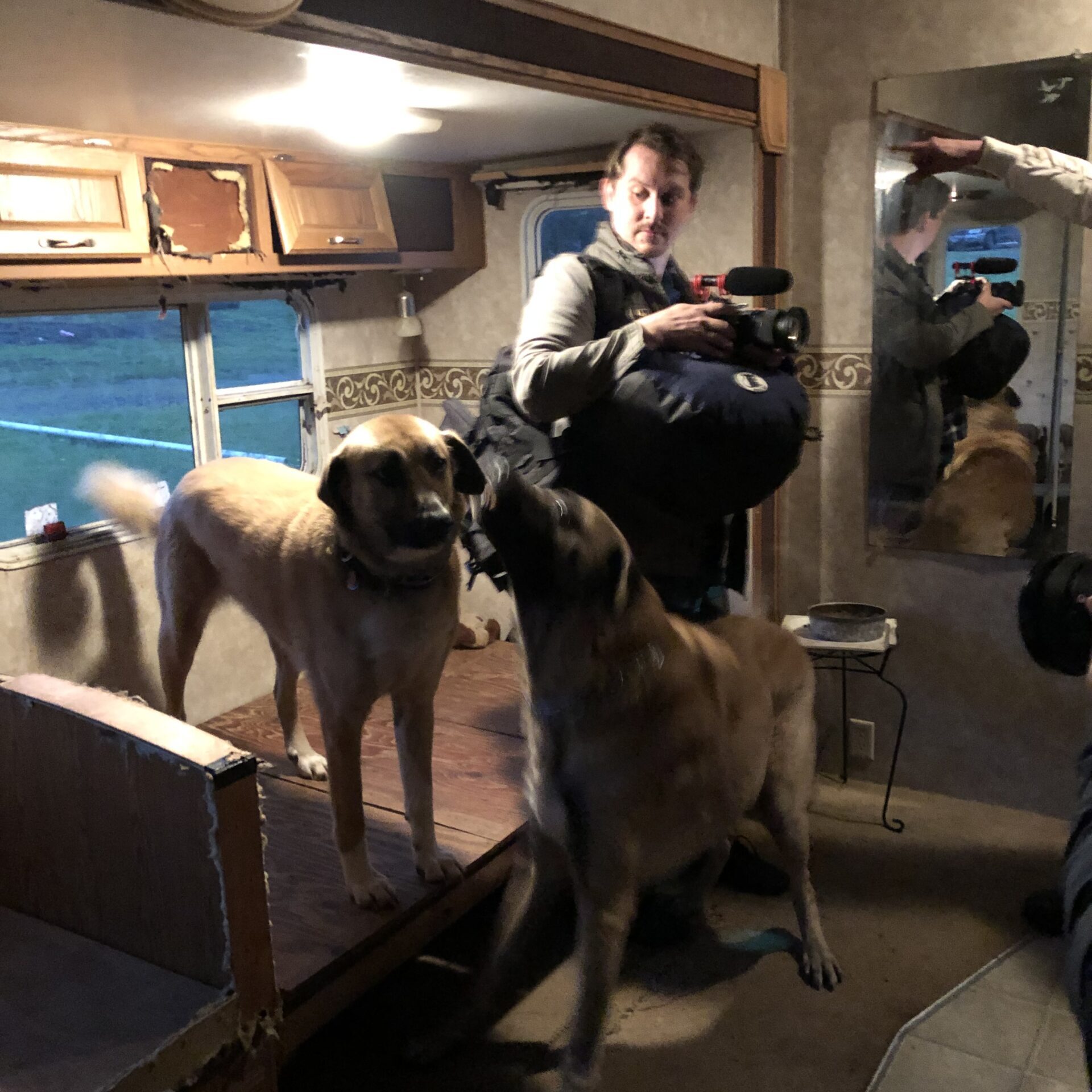 S4 Trip 1 - Ethan tries to capture film while surround by dogs. Inside Shane and Rachael Barton Trailer.